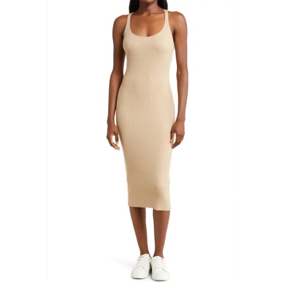 beige ribbed dress Baltic Born Womens Rue Ribbed Midi Dress | Natural
